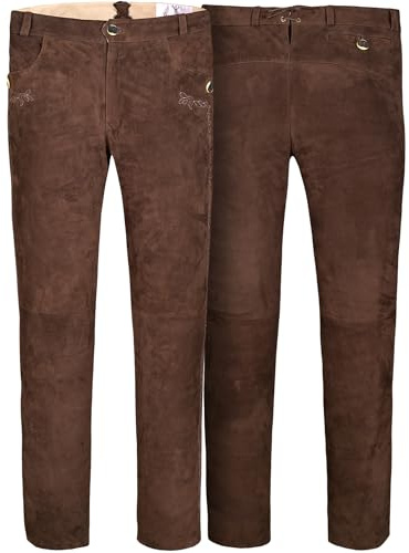 German Wear Trachten Lederhosen lang Herren aus echtem Ziegenleder – Braun mit Zopfstickerei & Gürtelschlaufen – Original weiche Trachtenhosen aus Wildleder für Volksfest & Alltag Braun