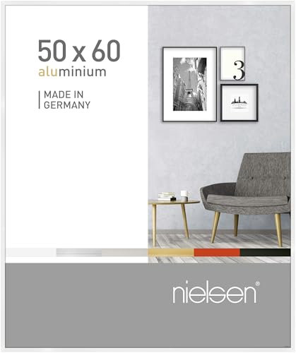 nielsen Bilderrahmen, 50 x 60 cm, Aluminium, Weiß Glanz, Posterrahmen zum Aufhängen im Hoch- & Querformat, Echtglas, Pixel