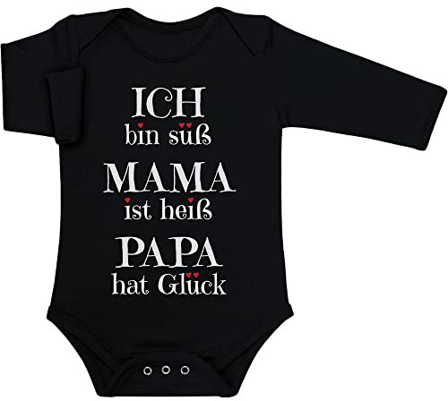 Shirtgeil Baby Body Langarm - Süßer Spruch - Ich Bin süß, Mama ist heiß, Papa hat Glück Geschenk Langarmbody Baby Mädchen - Geschenke für Mama - Baby Strampler 3-6 Monate Schwarz