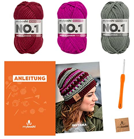 myboshi Häkelset Mütze Inuyama, inkl. No.1 Wolle, Nadel und Anleitung, für Mützen und Schals, Häkelpaket, 30% Merinowolle Rot, mit Häkelnadel