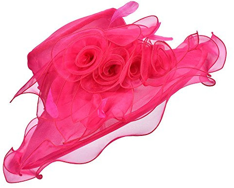 Lawliet Womens Ladies Organza Dress Church Wedding Occasion Wide Brim Feather Veil Sun Formal Royal Ascot Hat A341 (Hot Pink)