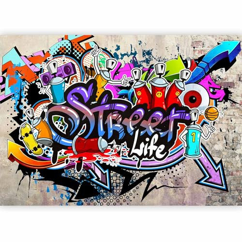 Papier peint murando panoramique inspirant 300x210 cm - Revêtement mural décoration chambre salon - Design moderne - Gris rouge jaune - Fond mural urbain coloré graffiti artistique i-A-0108-a-c