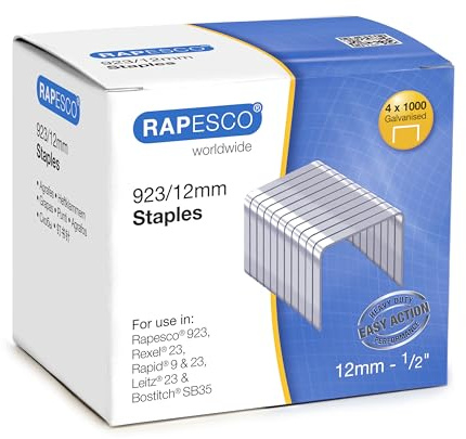 Rapesco S92312Z3 Galvanised Heavy Duty Staples Type 923/12 mm, 4000 Units | 4 Boxes of 1000 923 / 12mm Staples