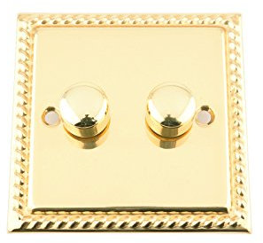 Mains LED Light Dimmer Switch 250W 2 Gang - Georgian - Polished Brass - Push On/Off 2 Way
