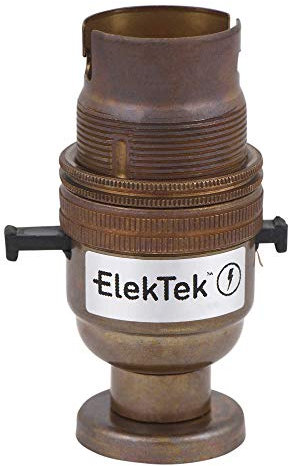 ElekTek Safety Switched Lamp Bulb Holder B22 BC Bayonet Shade Ring, Antique Brass, CNC Back Plate Mount Cover & Screws Made in UK - Child Safe Switch Push Bar locks OFF & cuts power if no bulb fitted