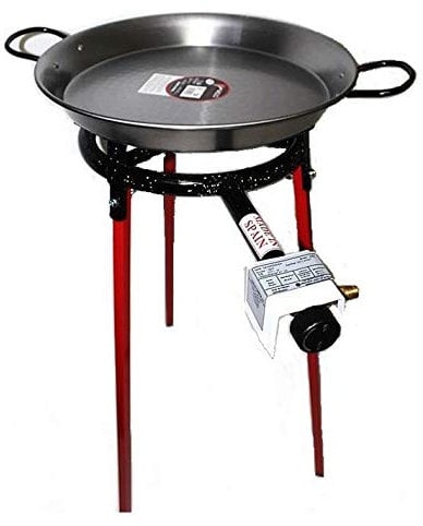 Paella Cooking Set with 42cm Polished Steel Paella Pan, Gas Burner, Legs and Skimming Spoon