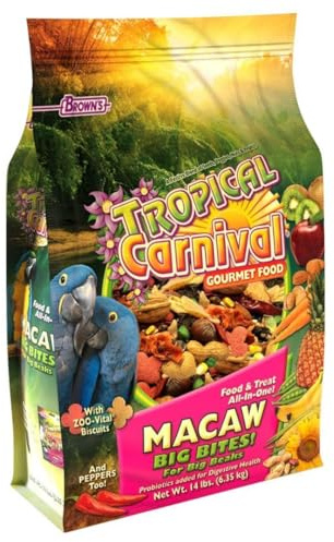 F.M. Brown's Tropical Carnival, Gourmet Macaw Food Big Bites for Big Beaks - Seeds, Veggies, Fruits, and Nuts with Probiotics - 14 lb