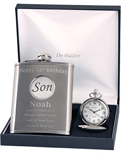 Engraved 18th Birthday Son Feature Pocket Watch and Hip Flask Gift Set in a Quality Box