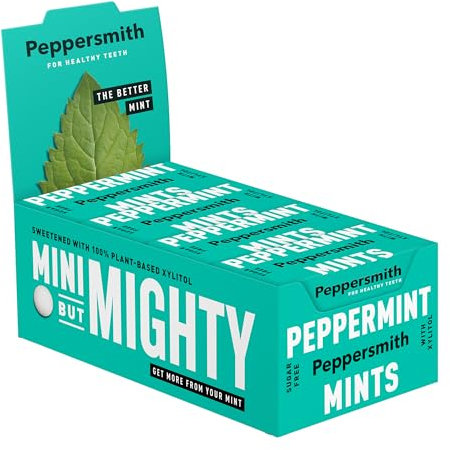 Peppersmith - British Peppermint Mints - 100% Plant Based Xylitol - Breath Freshener - Sugar Free Mints - Benefits Oral Health - Pocket Packs - 12x15g