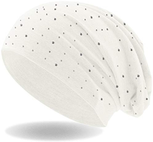 Strass Stein Beanie Slouch Long Beanie Mütze mit edler Strass-Nieten Applikation für Damen und Herren (weiß)