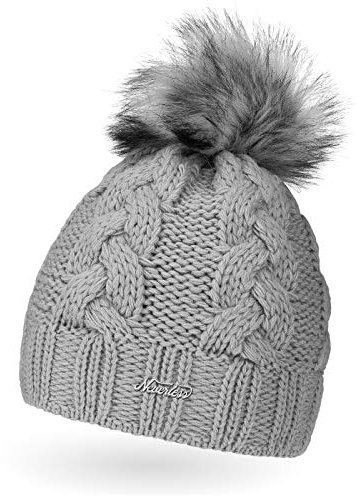 Neverless Damen Strick-Mütze gefüttert mit Kunstfell-Bommel, Winter-Mütze, Bommelmütze, Hellgrau Unisize