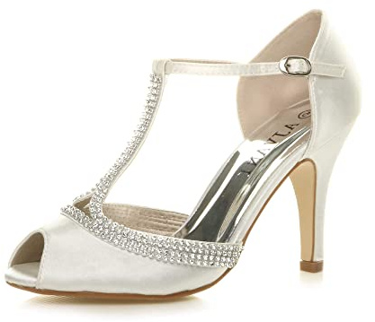 AJVANI Womens Ladies high Heel Peeptoe Diamante t-bar Wedding Bridal Evening Prom Sandals Shoes Size