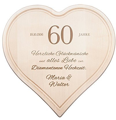 Casa Vivente Herz Schneidebrett mit Personalisierter Gravur und Saftrille, Glückwunsche zur Diamantenen Hochzeit mit Namen und Datum, 30 x 30 CM