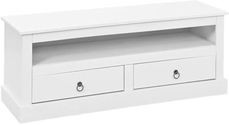 AltoBuy Natur - Meuble TV 2 Tiroirs Bois Massif Vernis Blanc
