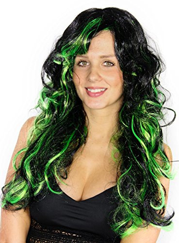 schwarze gelockte Gothic Perücke mit grünen Strähnen für Damen Hexen Halloween Damenperücke langhaar lange lockig