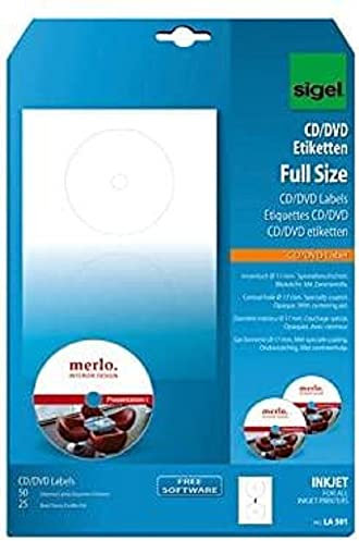 SIGEL LA501 CD-/DVD-Etiketten selbstklebend, bedruckbar, weiß, 50 Etiketten = 25 Blatt, spezialbeschichtet, mit Zentrierhilfe, FullSize 17 mm Innenloch, für InkJet