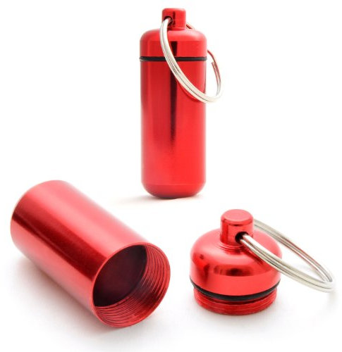 Pillen-Dose, Pillen-Box, 2 er Set Aluminium-Kapsel, Schlüssel-Anhänger mini, wasserdicht, Farbe: rot, Höhe: 45mm