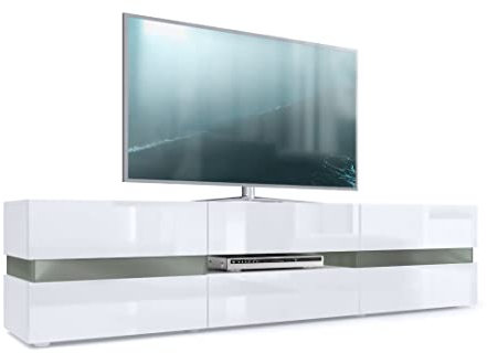 Vladon Lowboard Flow, Made in Germany, TV-Kommode mit Ambient Light Verglasung mit 2 Türen, 1 Schublade und 1 Klappe, Weiß matt/Weiß Hochglanz (177 x 45 x 39 cm)