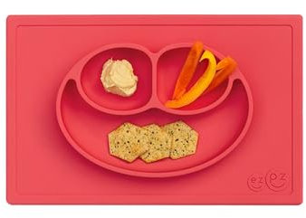 Ezpz Happy Mat (Coral) - 100% Silicone Suction Plate with Built-in Placemat for Toddlers + Preschoolers - Divided Plate - Dishwasher Safe