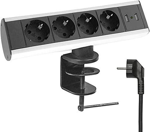 Elbe Inno Tischsteckdose für die Arbeitsplatte (4 Steckdosen & 2 USB), Mehrfachsteckdose für Küche und Büro, Steckdosenleiste aus Aluminium in schwarz-grau Optik