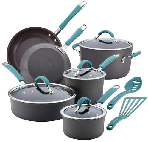 Rachael Ray 87641 Cucina Hard Anodized Nonstick Cookware Pots and Pans Set, Aluminum, Gray with Blue Handles