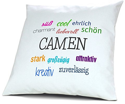 digital print Kopfkissen mit Namen Camen - Motiv Positive Eigenschaften, 40 cm, 100% Baumwolle, Kuschelkissen, Liebeskissen, Namenskissen, Geschenkidee, Deko