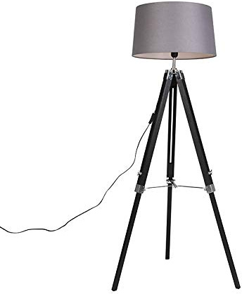 Qazqa - Floor Lamp Black with 45cm Dark Grey Shade - Tripod- - Industrial - Suitable for LED E27 | 1 Light - Wood Floor lamp - Suitable for Living Room I Bedroom I