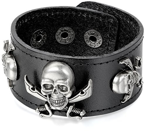 Flongo Metalllegierung Legierung Leder Echtleder Armband Armreifen Manschette Silber Schwarz Piraten Totenkopf Schädel Einstellbar Verstellbaren Gotik Herren