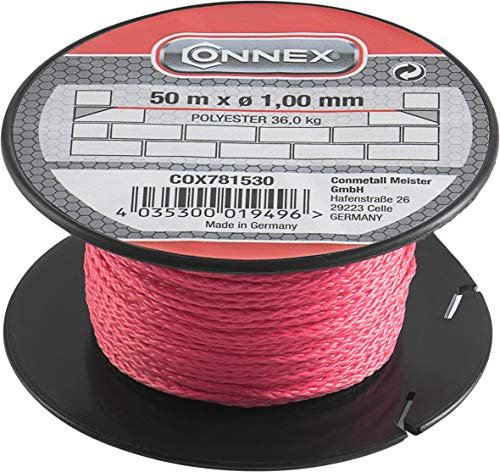 Connex Maurerschnur pink - 50 m Länge - Ø 1,0 mm - Polyester - Knotenfest - Reißfest & Belastbar - Auf Spule / Richtschnur / Bauschnur / Lotschnur / Pflasterschnur / COX781530