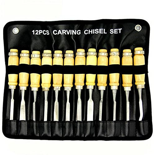 Set of 12 Wood Carving Chisels - High Quality - Forged Steel - Hardwood Handle - Machine Sharpened Blades - DIY or Professional - Woodworking, Carpentry, Wood Turning, Lathe - Bench, Mortise, Bevel Edge, Paring Chisels