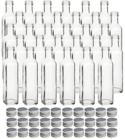 gouveo Lot de 30 bouteilles en verre Maraska 250 ml avec bouchon à vis argenté - Bouteille carrée 0,25 L à remplir - Bouteille à vis pour liqueur, vinaigre, huile (MFET250S)