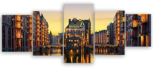ge Bildet Bild auf Leinwand | Wasserschloss in der Speicherstadt - Hamburg in 200x80 cm mehrteilig als Wandbild XXL | Wand-deko Dekoration Wohnung modern Bilder | 1019