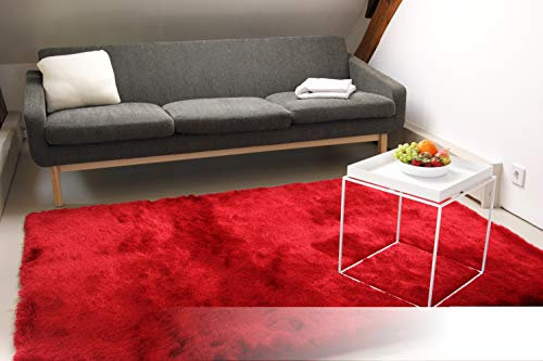 floor factory Exklusiver Hochflor Shaggy Teppich Satin rot 200x200 cm - edler, seidig glänzender Teppich