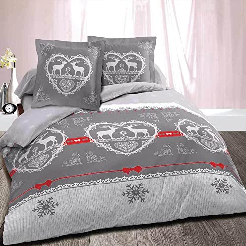 Alpes Blanc Housse de Couette 220x240 Chalet Winter Gris