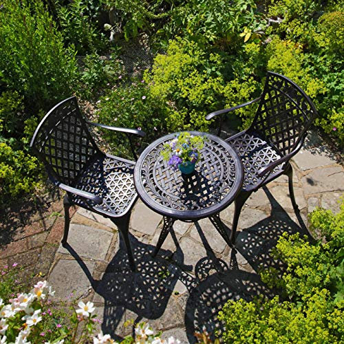 Lazy Susan Ivy Round Garden Table in Antique Bronze with 2 Emma Chairs and 2 Terracotta cushions | Cast Aluminium | Weatherproof| 3 Year Guarantee