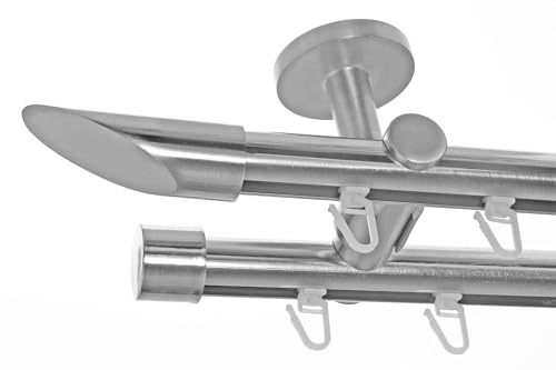 BASIT Gardinenstange Innenlauf Edelstahllook 20mm 2-läufig Decke 400cm D40 | Gardinenstangenset doppelläufig Deckenmontage Metall Vorhangstange Deckenhalterung 120-600cm wählbar Kappe Schräge E32