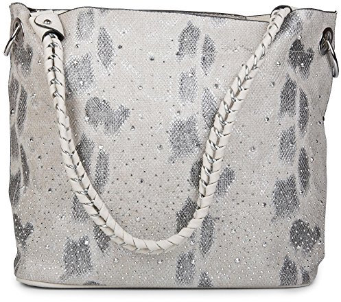 styleBREAKER Handtaschen Set in Schlangenleder Optik mit Strass Applikation im Sternenhimmel Design, 2 Taschen 02012013, Farbe:Schlange Hellgrau-Beige