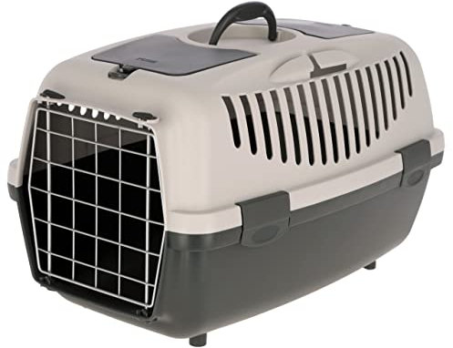 Kerbl Transportbox Gulliver (Box für Katzen/Kleintiere, mit Metalltür + Vorrichtung für Autosicherheitsgurt, Farbe hellgrau/dunkelgrau)