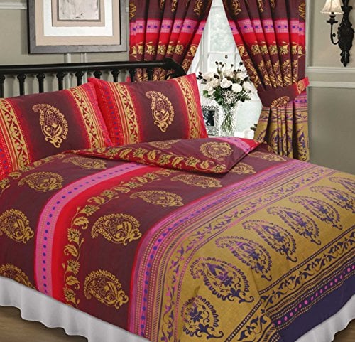Super King Size Bed Kashmir Fuchsia Duvet Cover Set Ethnic Asian Indian Floral Dots Print Burgundy Rust Red Pink Purple Lilac Metallic Gold