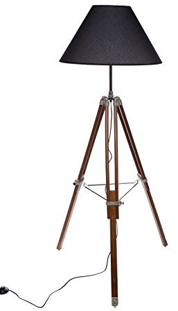 Birendy Riesige XXL Stativlampe Stehlampe im Dreibein Stativ Look Style F705 schwarzer Extra großer Schirm (52cm) großen Stoffschirm Dekorationslampe,Verstellbare Höhe, Echtholz Lampe 160cm hoch