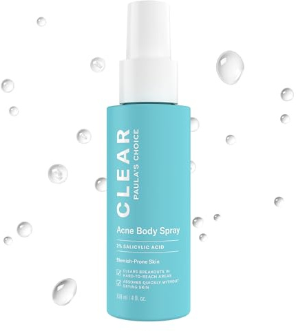 Paula's Choice CLEAR Exfoliating Back & Body Acne Spray, Bacne Spray with 2% BHA Salicylic Acid Back Acne Treatment for Clogged Pores, Blackheads & Breakouts, Alcohol-Free, Fragrance-Free, 4 Fl Oz