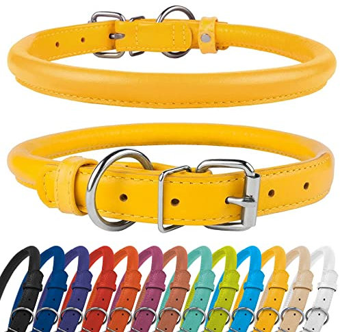 CollarDirect Collier de Chien en Cuir roulé, Collier de Chiot Rond rembourré Doux, Collier en Cuir véritable Fait à la Main pour Petit Grand Collier de Chat 13 Couleurs (15-18 cm, Jaune texturé)