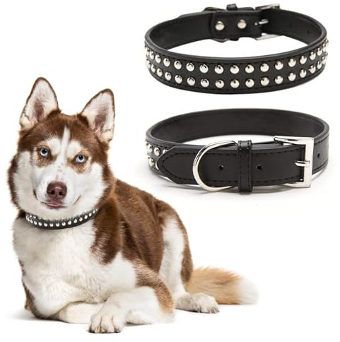 BINGPET Leather Dog Collar, Studded Collar Adjustable Neck 20-24,Black | Heavy-duty Metal Buckle & D-Ring, Comfort & Stylish for Small Medium Large Dogs Daily Walking, Hiking, Training