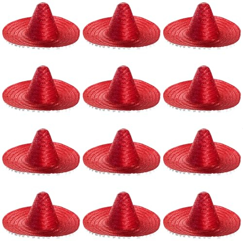 Roter mexikanischer Sombrero-Hut – 1 Stück – roter Stroh-Sombrero mit weißem Bommelbesatz – Erwachsene Mexiko Fiesta Cinco de Mayo Kostüm Zubehör
