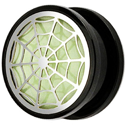 Piersando Ohr Plug Piercing Kunststoff Motiv Comic Picture Flesh Tunnel Ohrplug Schwarz mit Spinnennetz Glow in The Dark 14mm