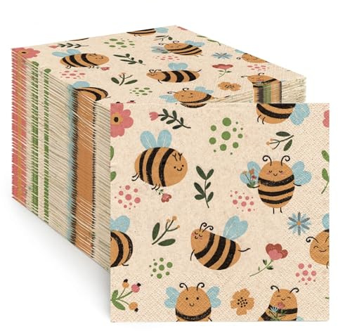 100 Servietten aus Recycling-Papier, fröhlichen Bienen auf Blumen, Partyservietten, umweltfreundlich, Süße Bienen, Gartenparty, Catering und Alltag, hergestellt in der EU, 2-lagig, 33x33 cm