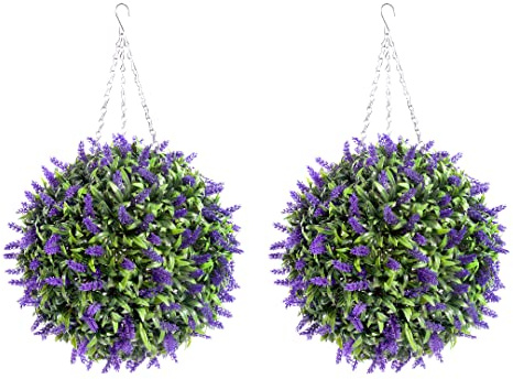 Best Artificial, coppia di grandi palline da 40 cm, colore viola e lavanda con foglie lunghe di erba topiaria, protezione dai raggi UV