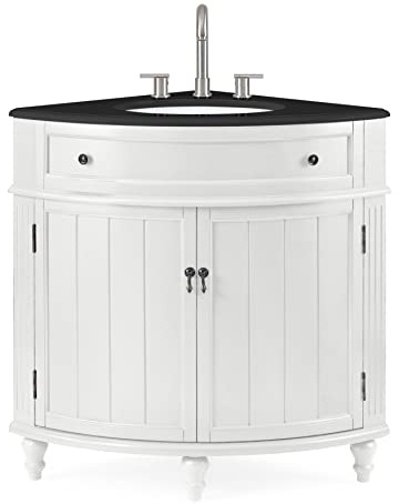 Tennant Brand 24-Inch Triadsville Free Standing Corner Bathroom Sink Vanity for Small Space, Fully Assembled, White Porcelain with Black Granite Top, White Cabinet