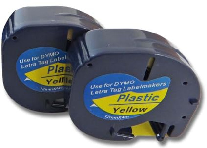 vhbw 2x Schriftband-Kassette kompatibel mit Dymo LetraTag LT-100H, LT-100T, QX50, XR Etiketten-Drucker 4m x 12mm Schwarz auf Gelb