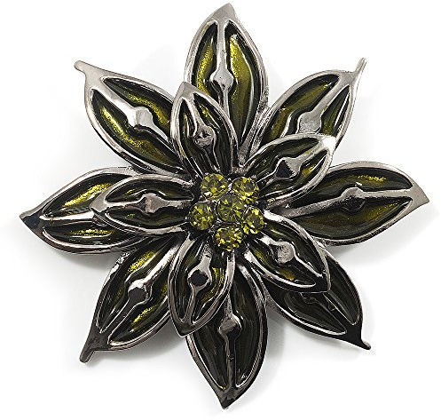 Broche florale en verre vert olive (métal argenté), taille unique, Verre, diamante
